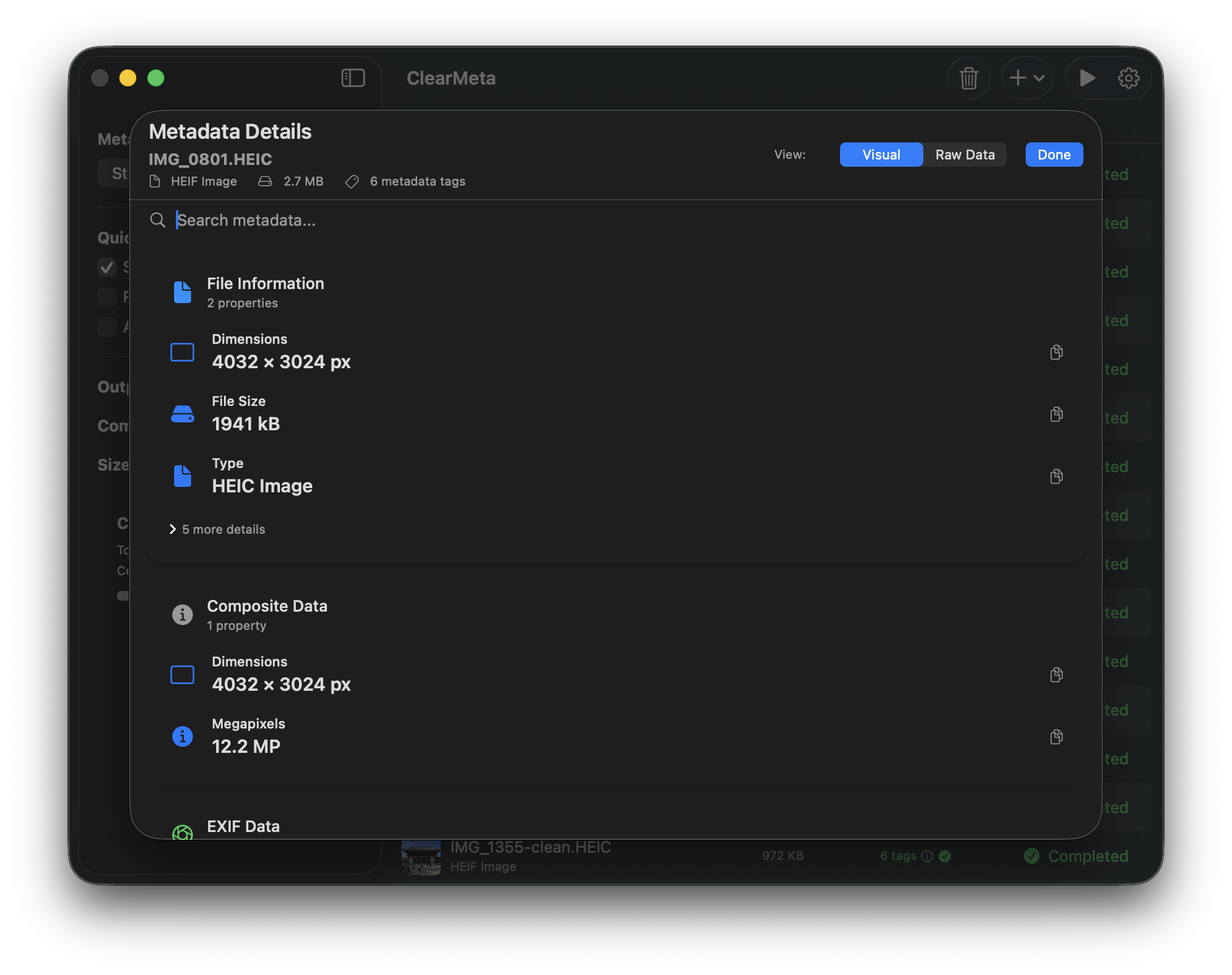 ClearMeta Info View - Dark Mode